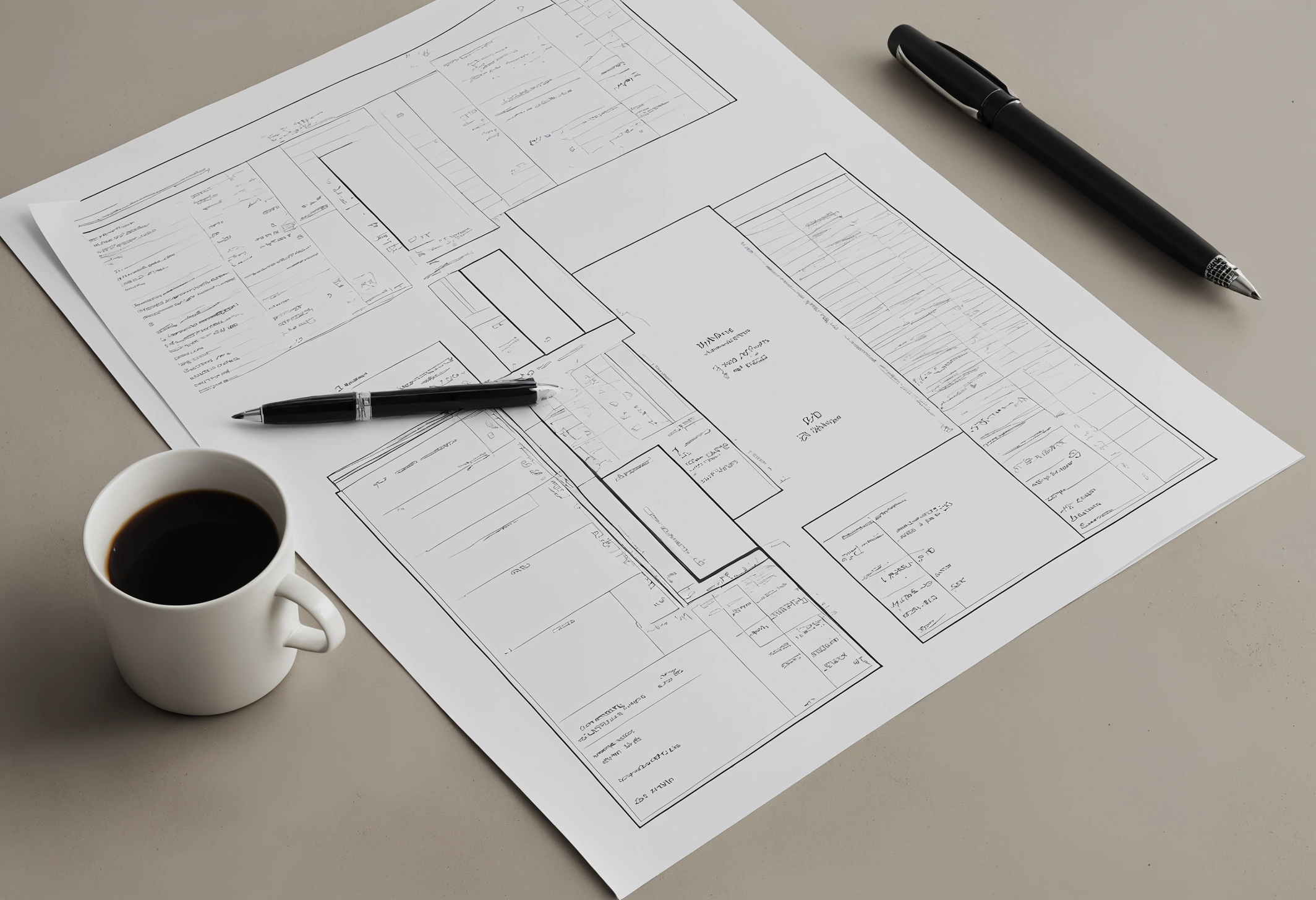 Desk with three printed fee proposals, a calculator and a floor plan showing different pricing structures