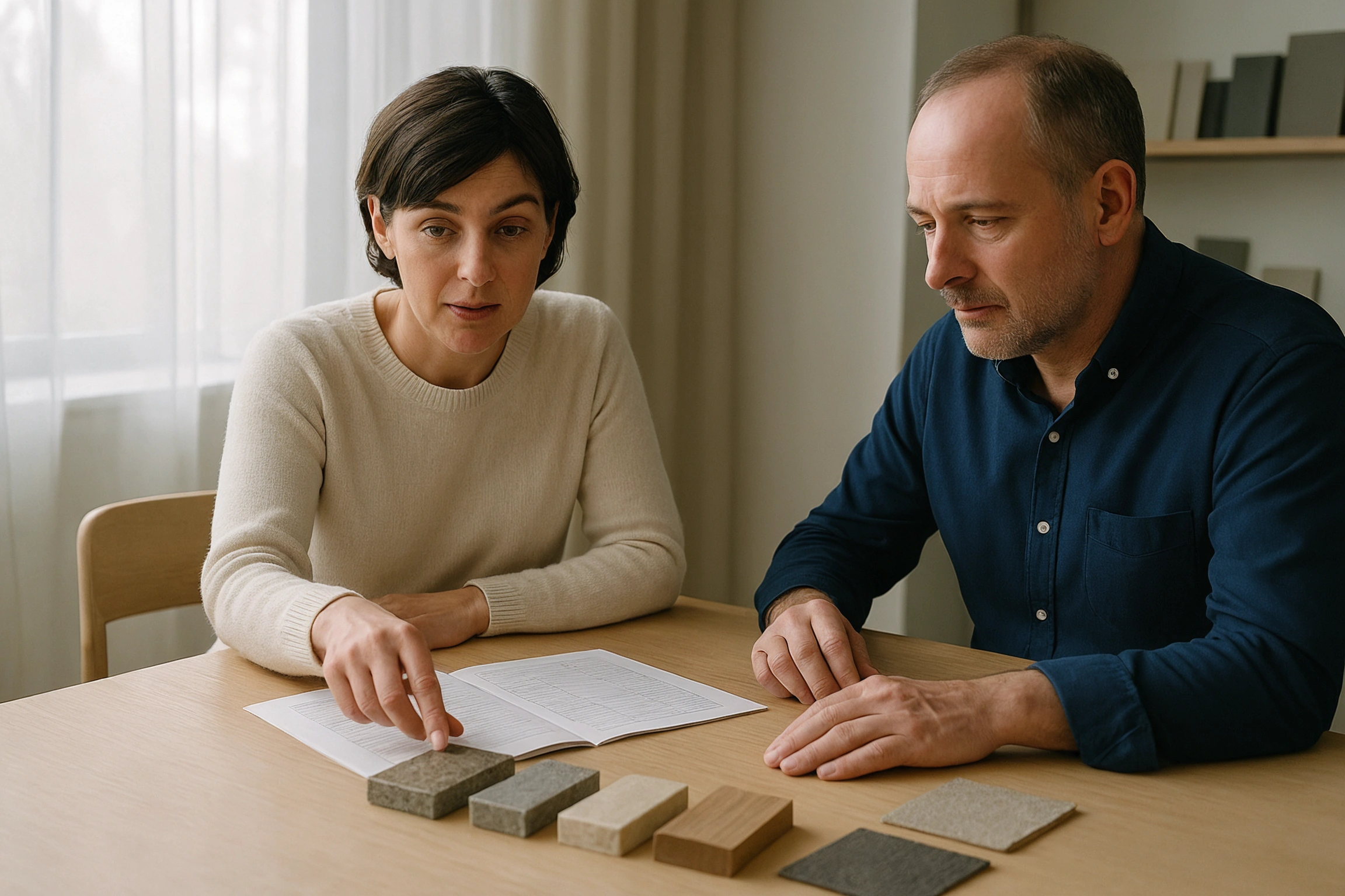 Designer and client reviewing a specification schedule and material samples across a meeting table